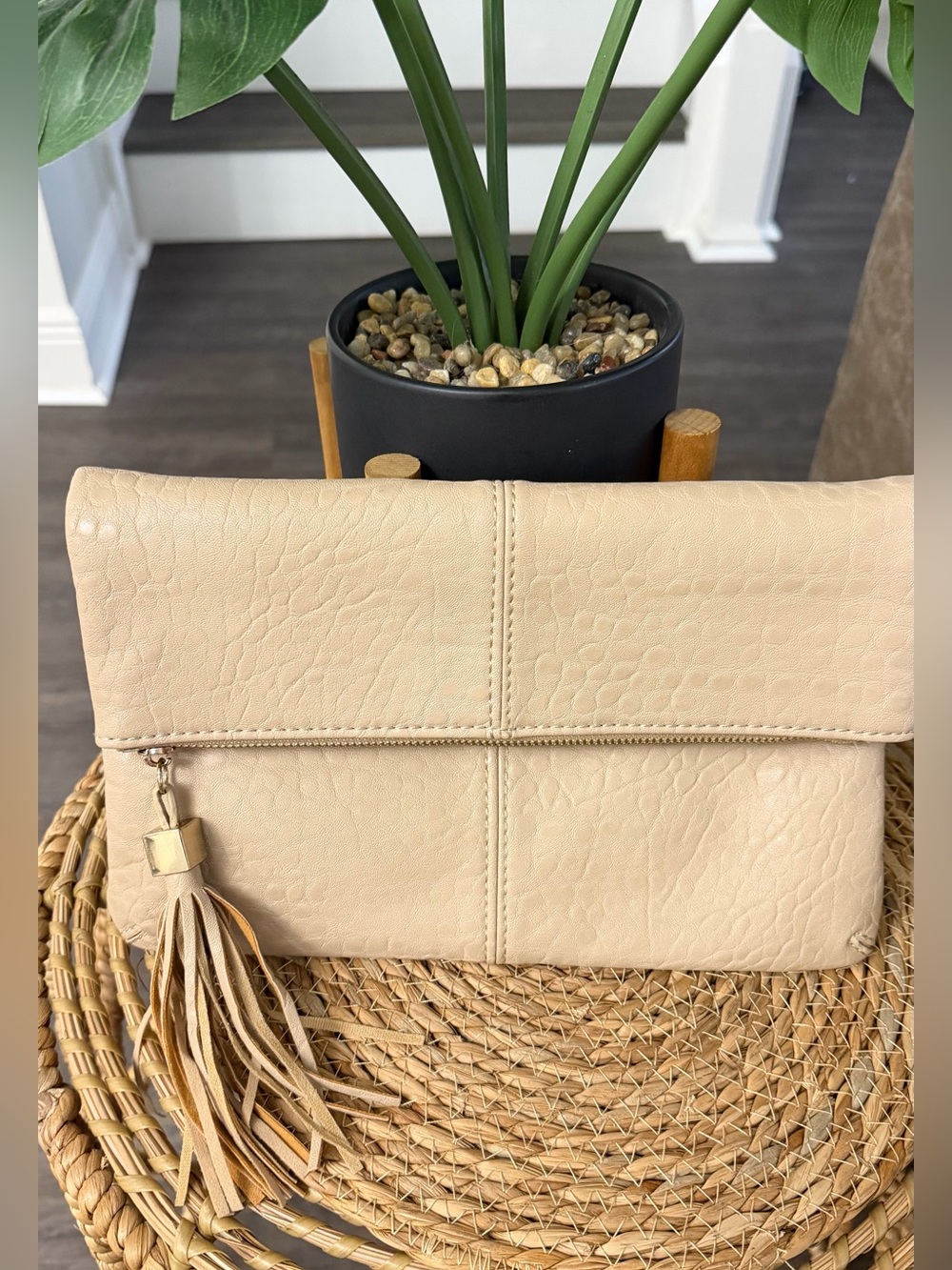 Beige Fold-Over Tassel Clutch Bag - Women's Handbag